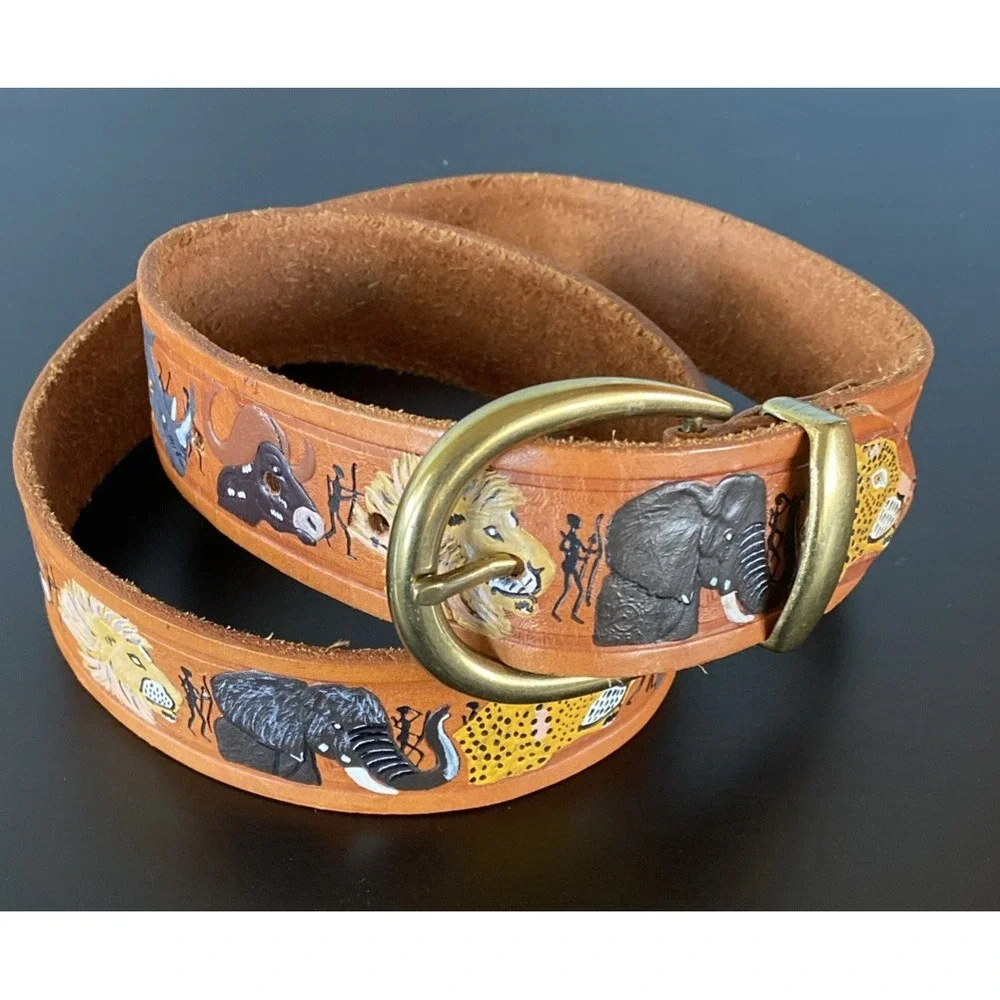 Tooled Leather Belt Brown Hand Painted Animals Safari Africa‎ Artisan  Boho 34